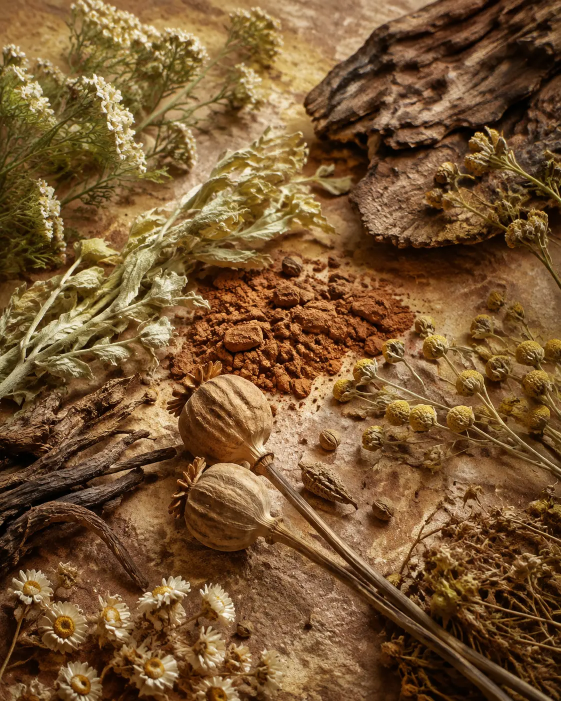 Erbe, fiori, semi, corteccia e terra in una composizione botanica